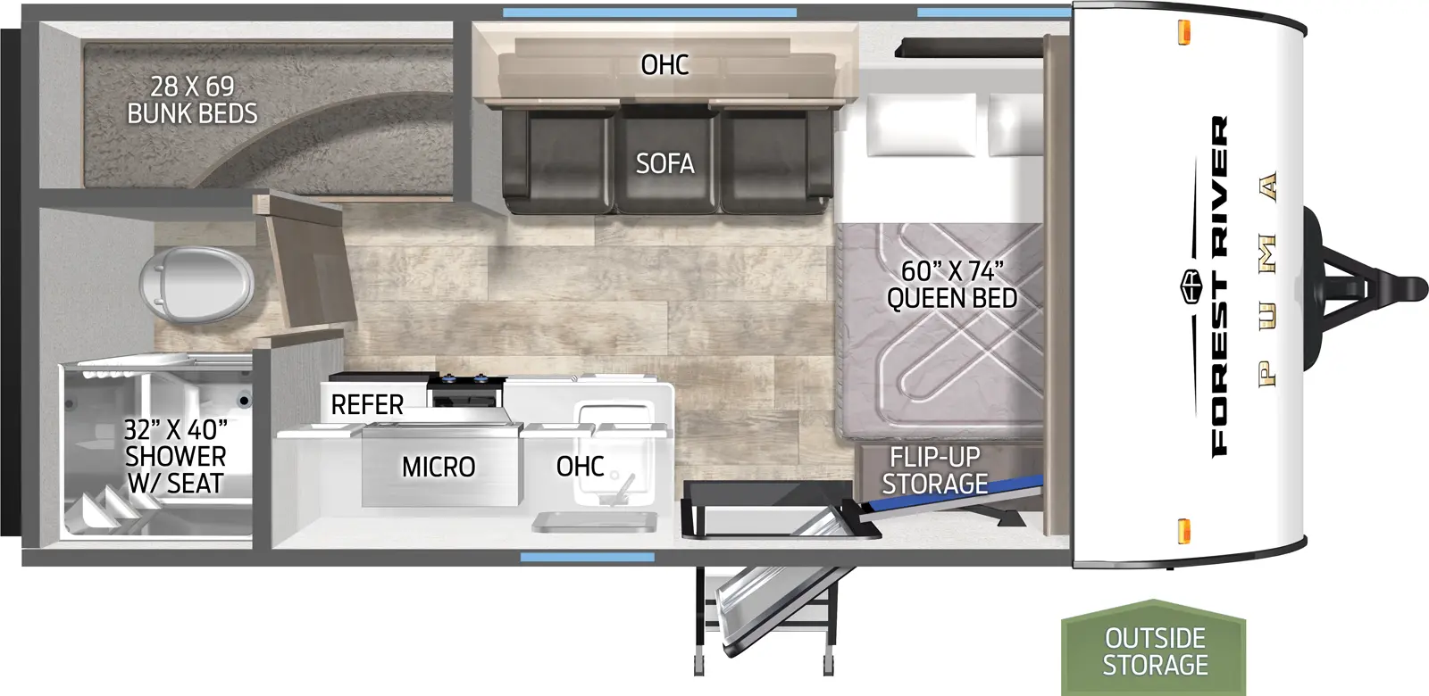 The Puma Camping Edition 16BHCE floorplan has one entry and zero slide outs. Exterior features include: metal exterior and 12' awning. Interiors features include: bunk beds and front bedroom.